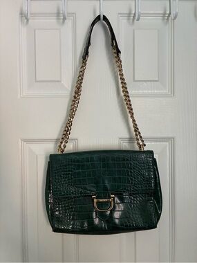 Nine West Dark Green Croc-Embossed Shoulder Bag with Gold Chain Strap